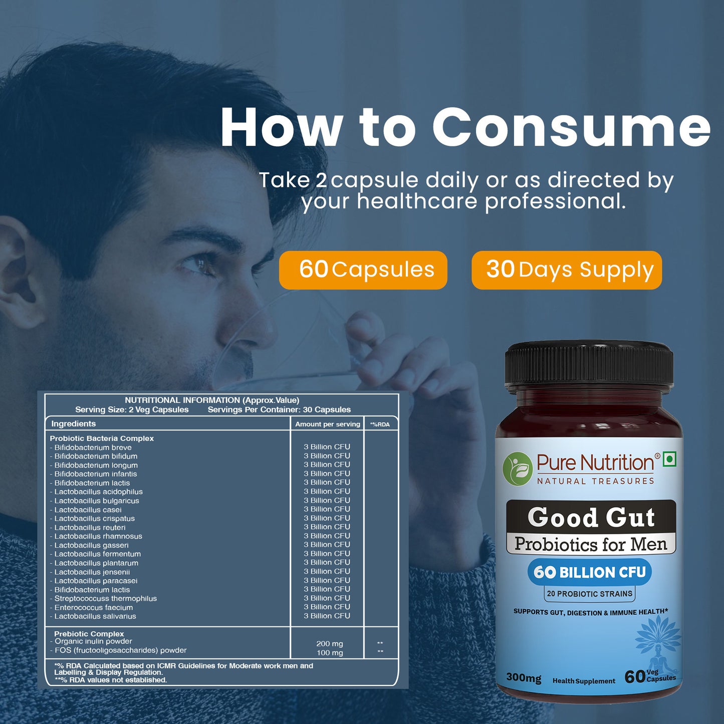 Pure Nutrition Good Gut Men's Probiotics 60 Billion CFU, 20 Strains | 60 Caps |