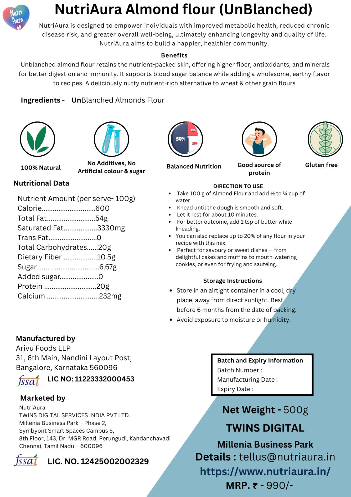 NutriAura Almond Flour (Unblanched)