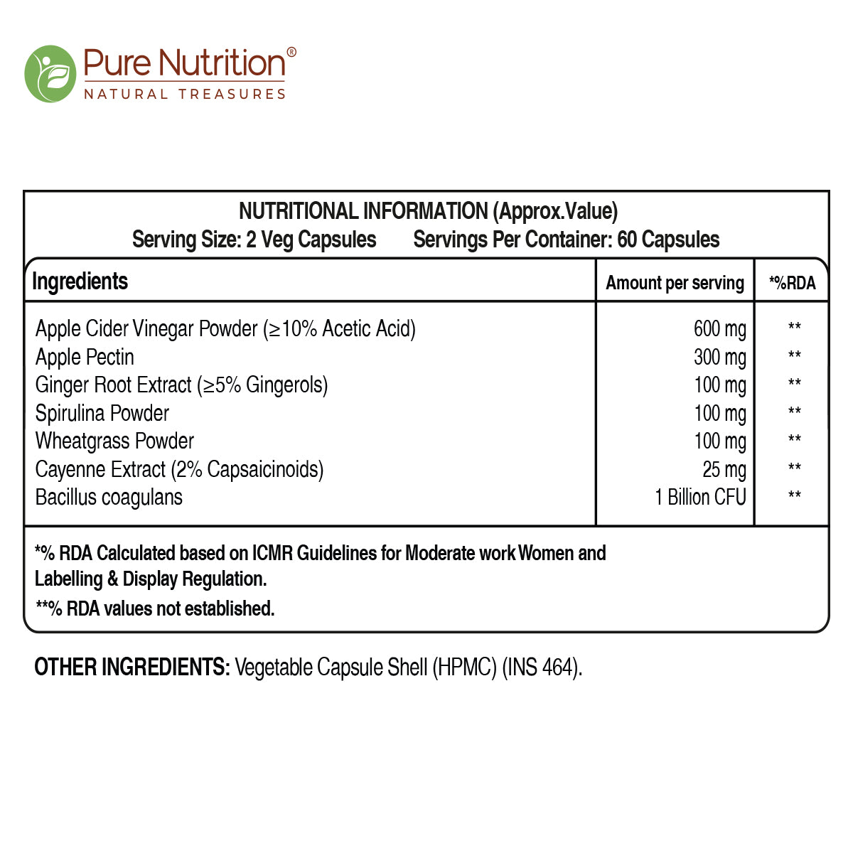 Pure Nutrition Apple Cider Vinegar Capsules | 120 Veg Capsules