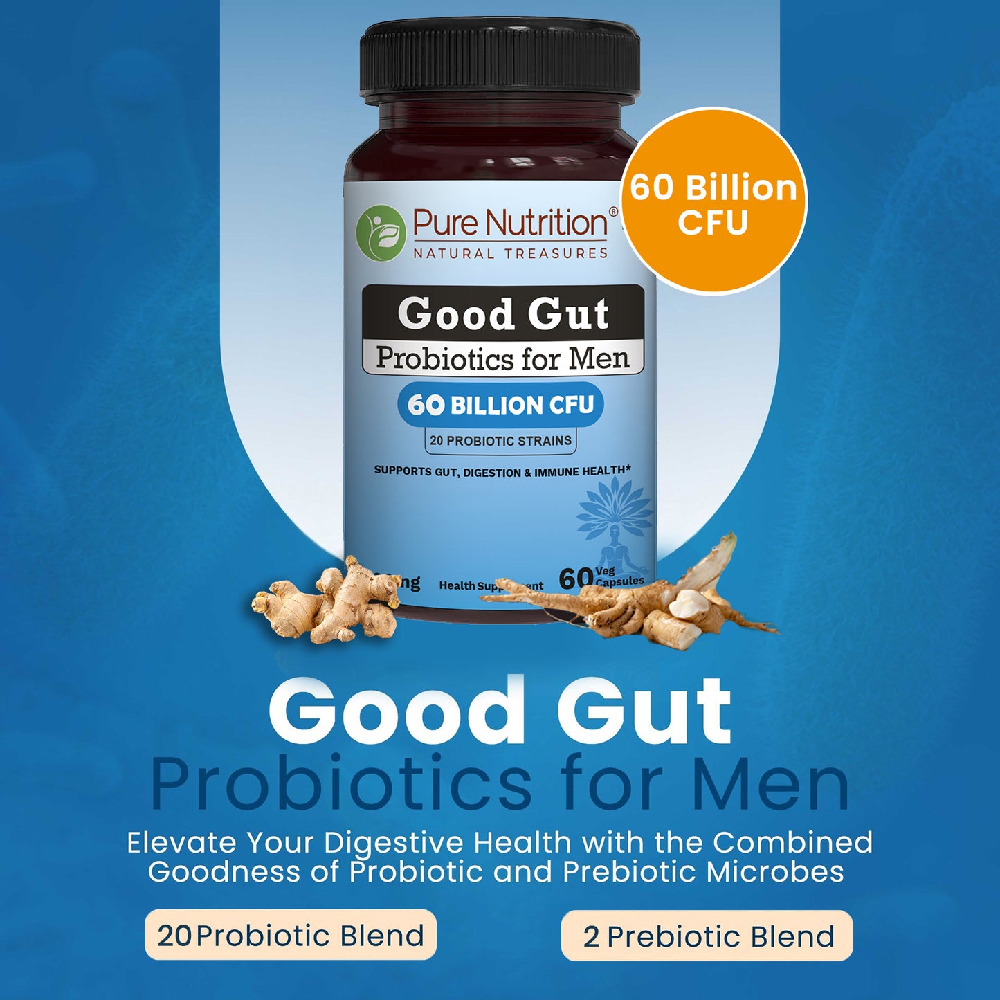 Pure Nutrition Good Gut Men's Probiotics 60 Billion CFU, 20 Strains | 60 Caps |