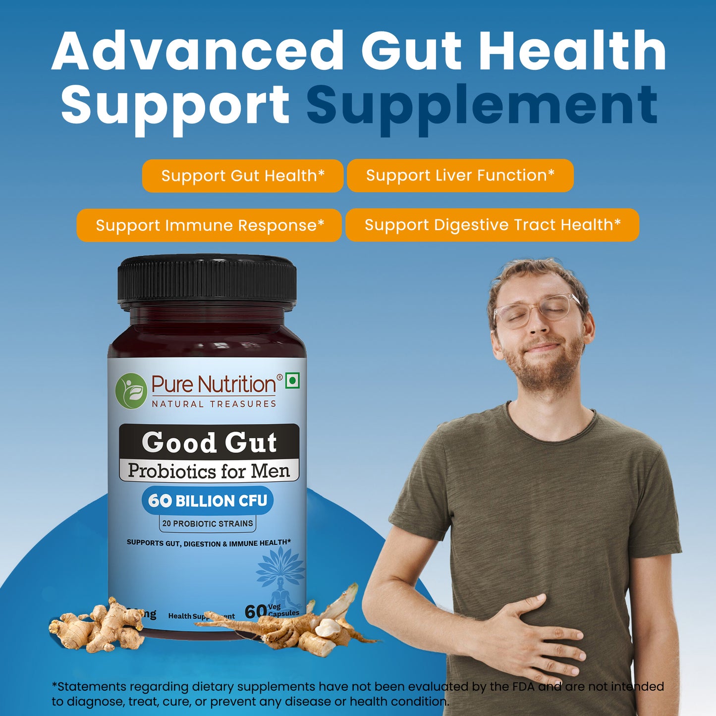 Pure Nutrition Good Gut Men's Probiotics 60 Billion CFU, 20 Strains | 60 Caps |