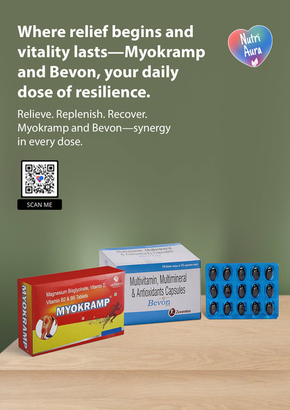 Myokramp(HSN-21069099) Tablets (90) + Bevon(HSN-30045039) Capsule (90) Pack for Three months - NutriAura