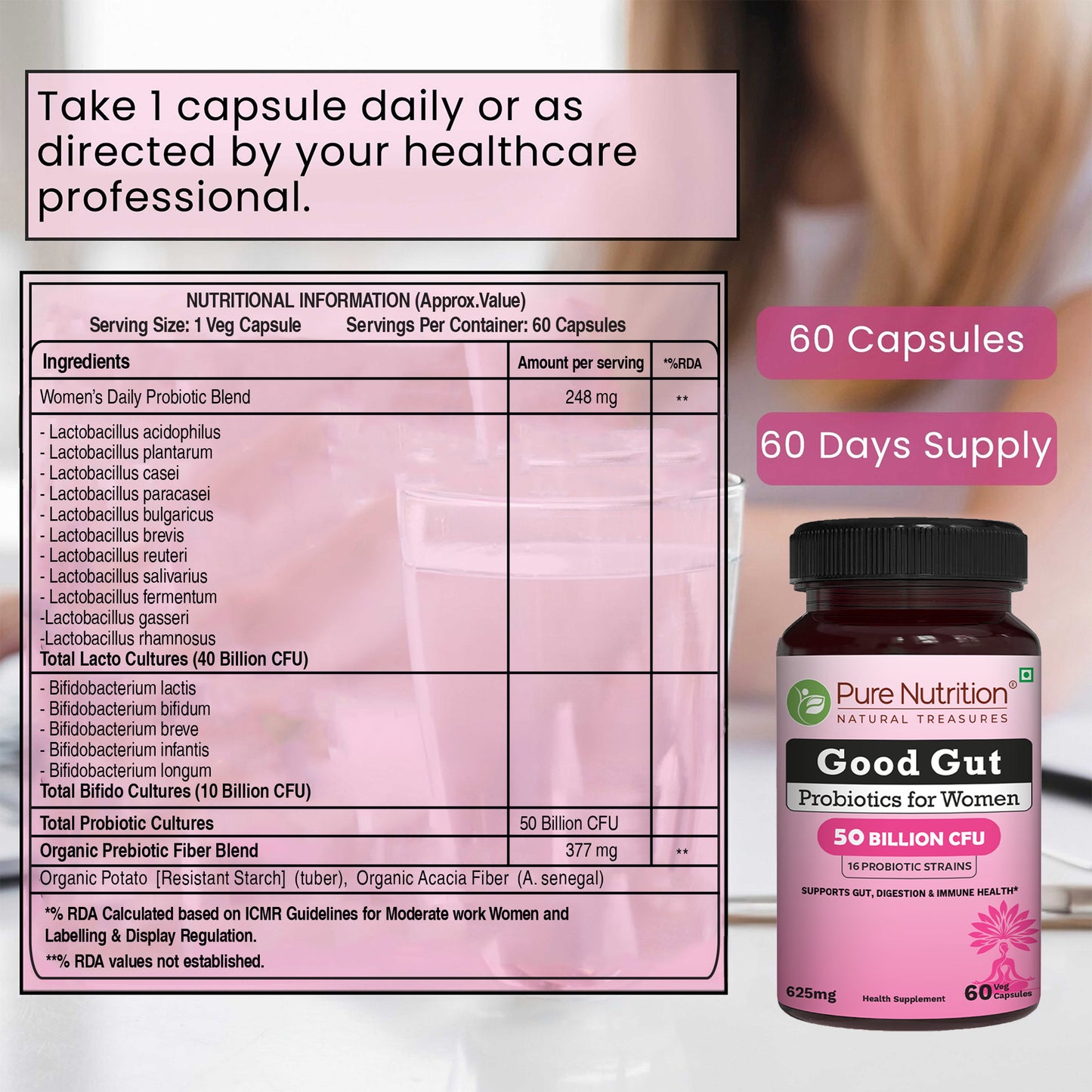 Pure Nutrition Good Gut Women's Probiotics 50 Billion CFU, 16 Strains | 60 Caps |