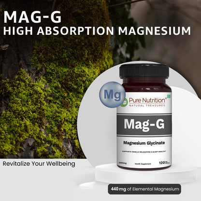 Pure Nutrition MagG - Magnesium glycinate supplement for Men and Women | 200mg elemental magnesium | 120 Veg Tabs