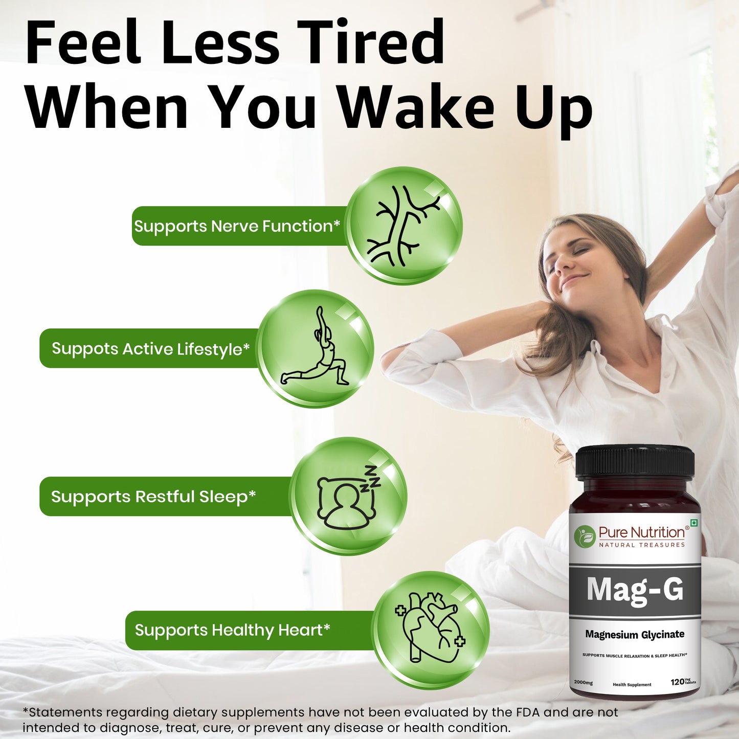 Pure Nutrition MagG - Magnesium glycinate supplement for Men and Women | 200mg elemental magnesium | 120 Veg Tabs