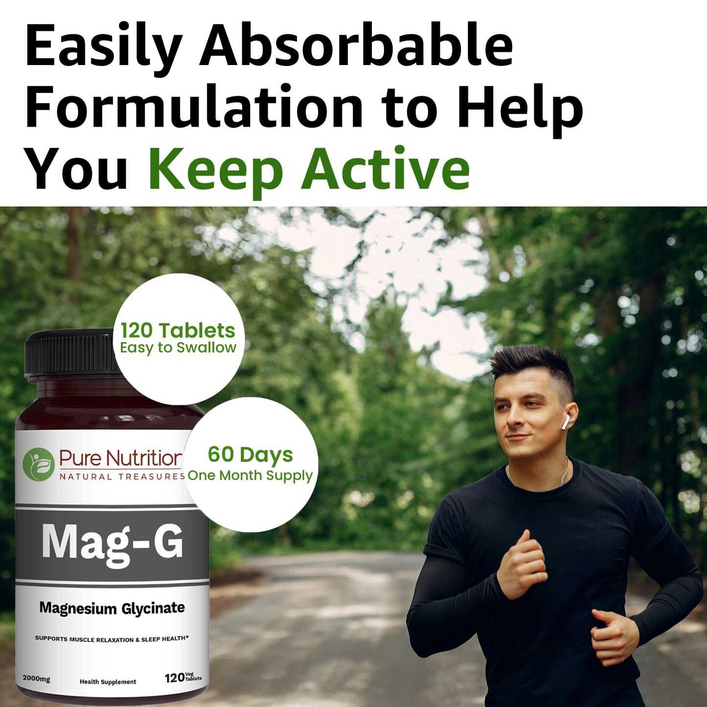 Pure Nutrition MagG - Magnesium glycinate supplement for Men and Women | 200mg elemental magnesium | 120 Veg Tabs