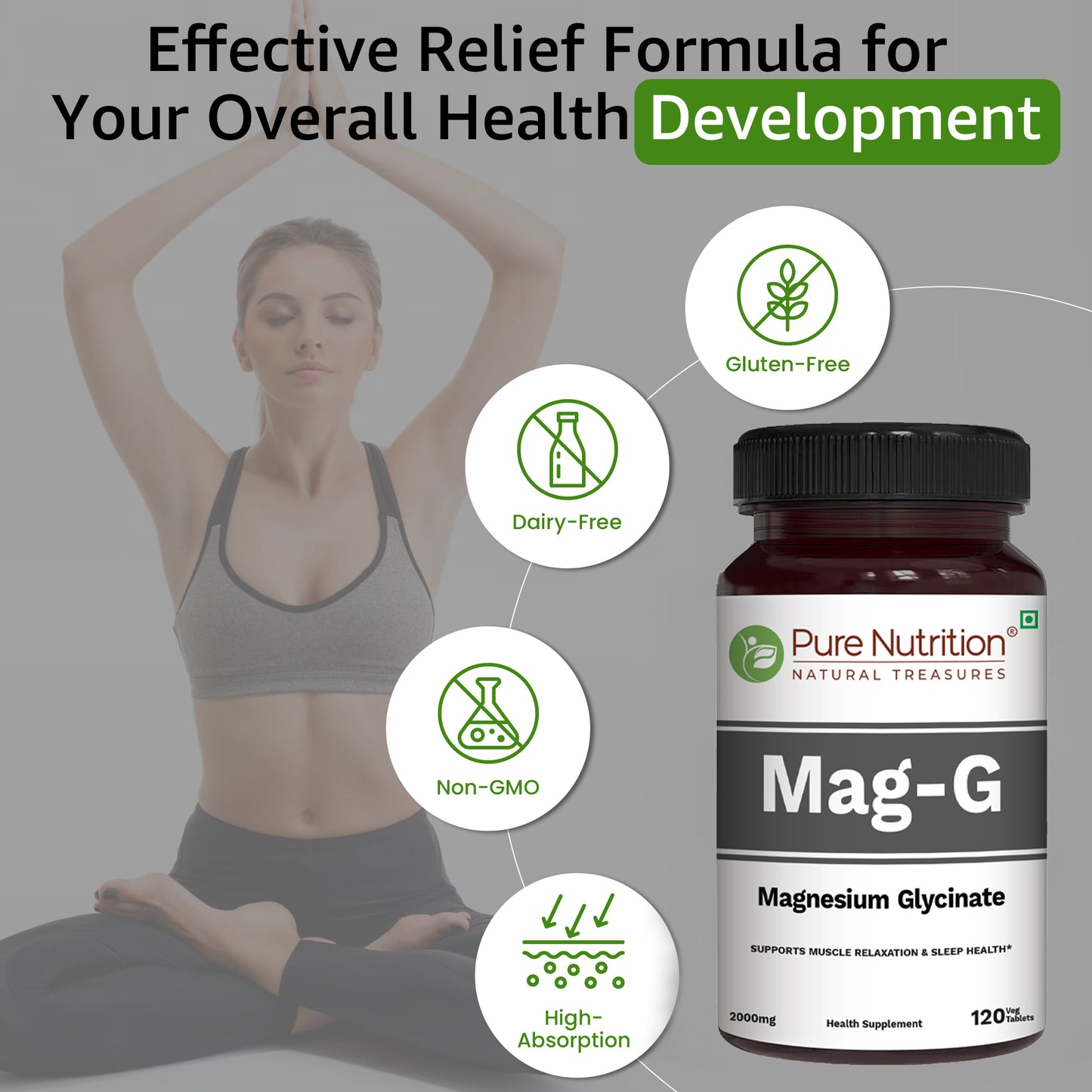Pure Nutrition MagG - Magnesium glycinate supplement for Men and Women | 200mg elemental magnesium | 120 Veg Tabs