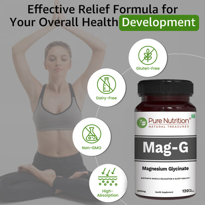 Pure Nutrition MagG - Magnesium glycinate supplement for Men and Women | 200mg elemental magnesium | 120 Veg Tabs