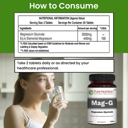Pure Nutrition MagG - Magnesium glycinate supplement for Men and Women | 200mg elemental magnesium | 120 Veg Tabs