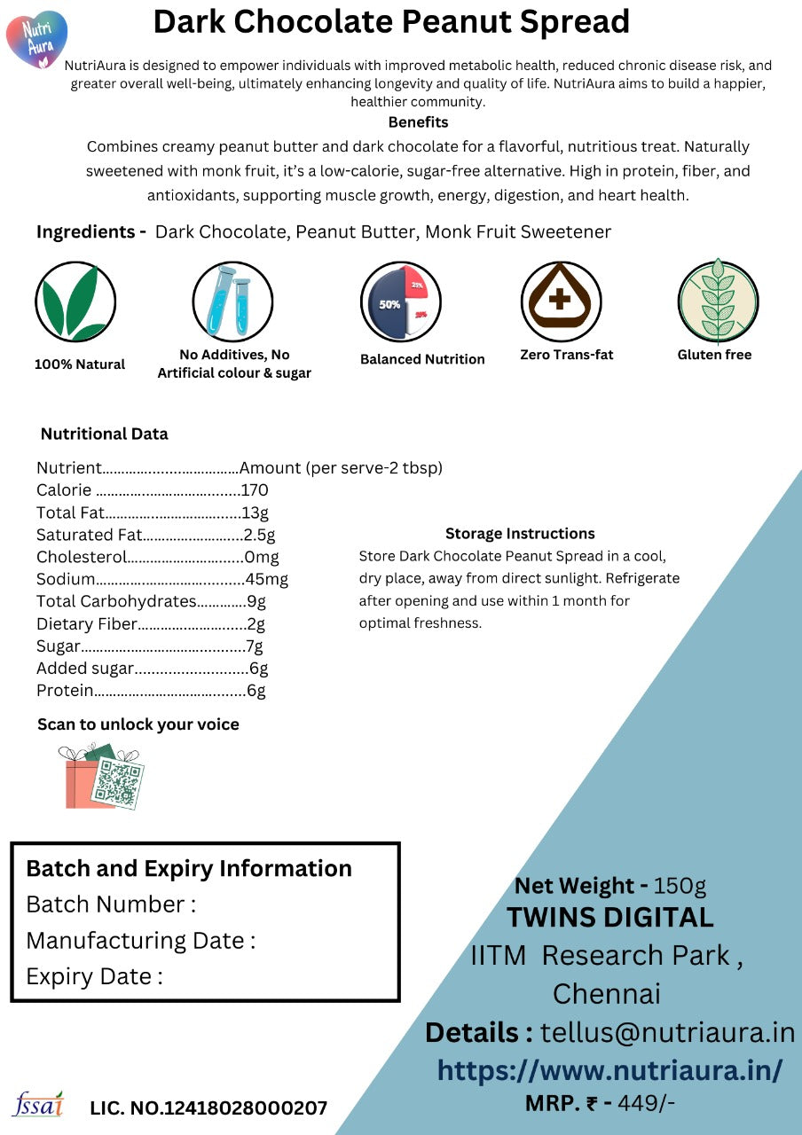 Dark Chocolate Peanut Spread - NutriAura