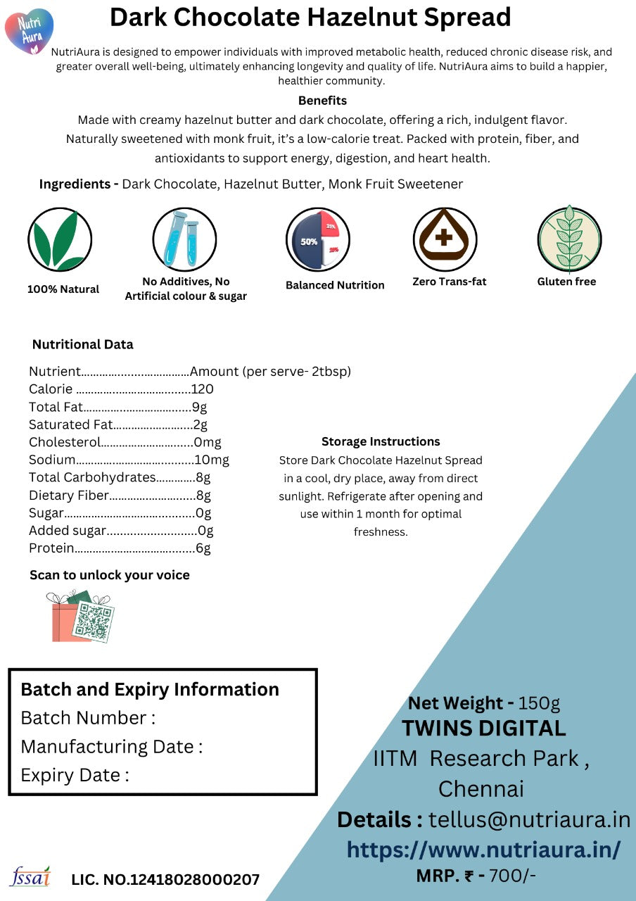 Dark Chocolate Hazelnut Spread - NutriAura