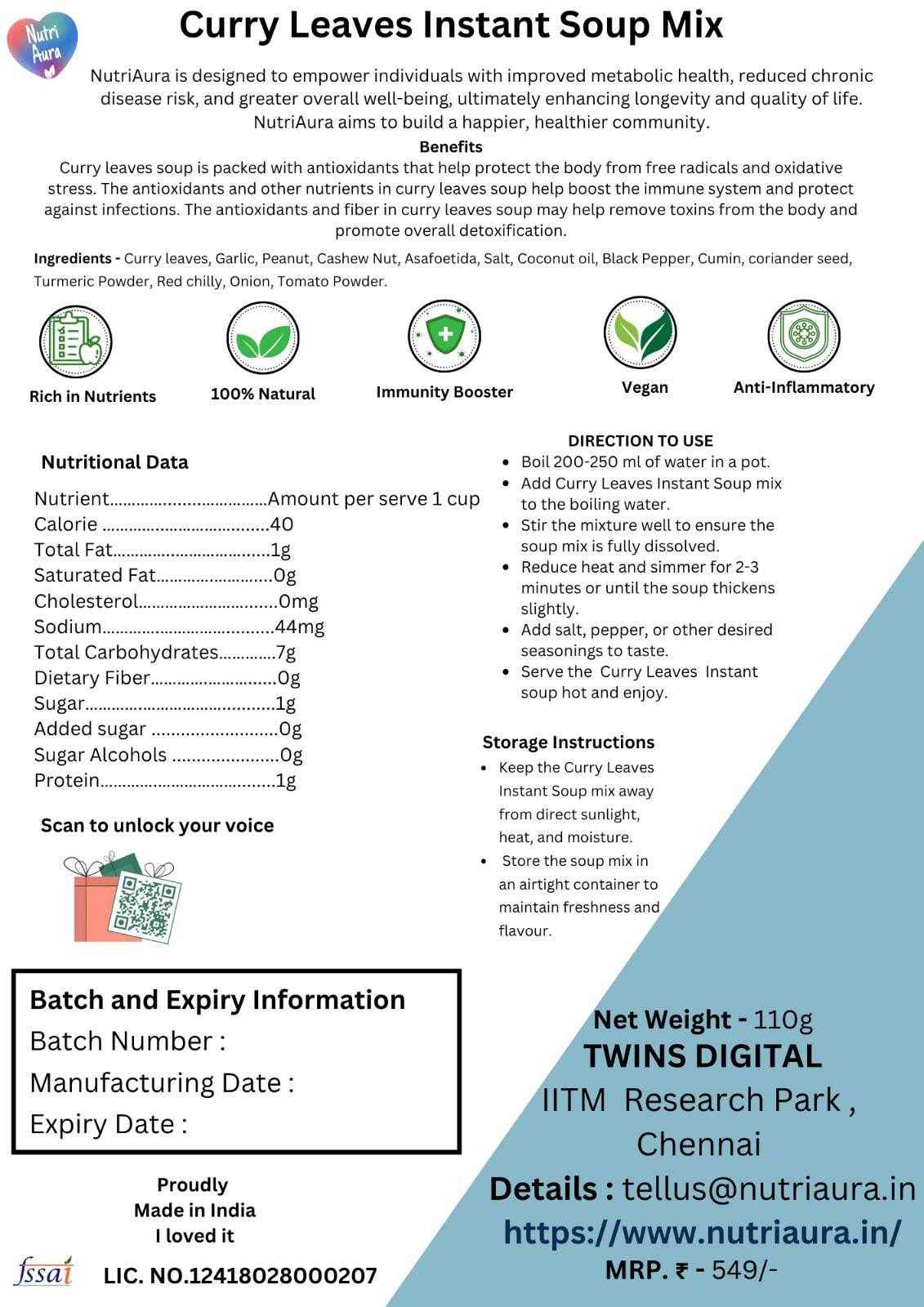 Curry Leaves instant Soup Mix - NutriAura