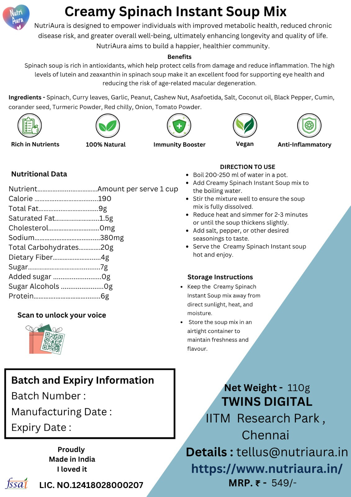 Creamy Spinach instant Soup mix - NutriAura
