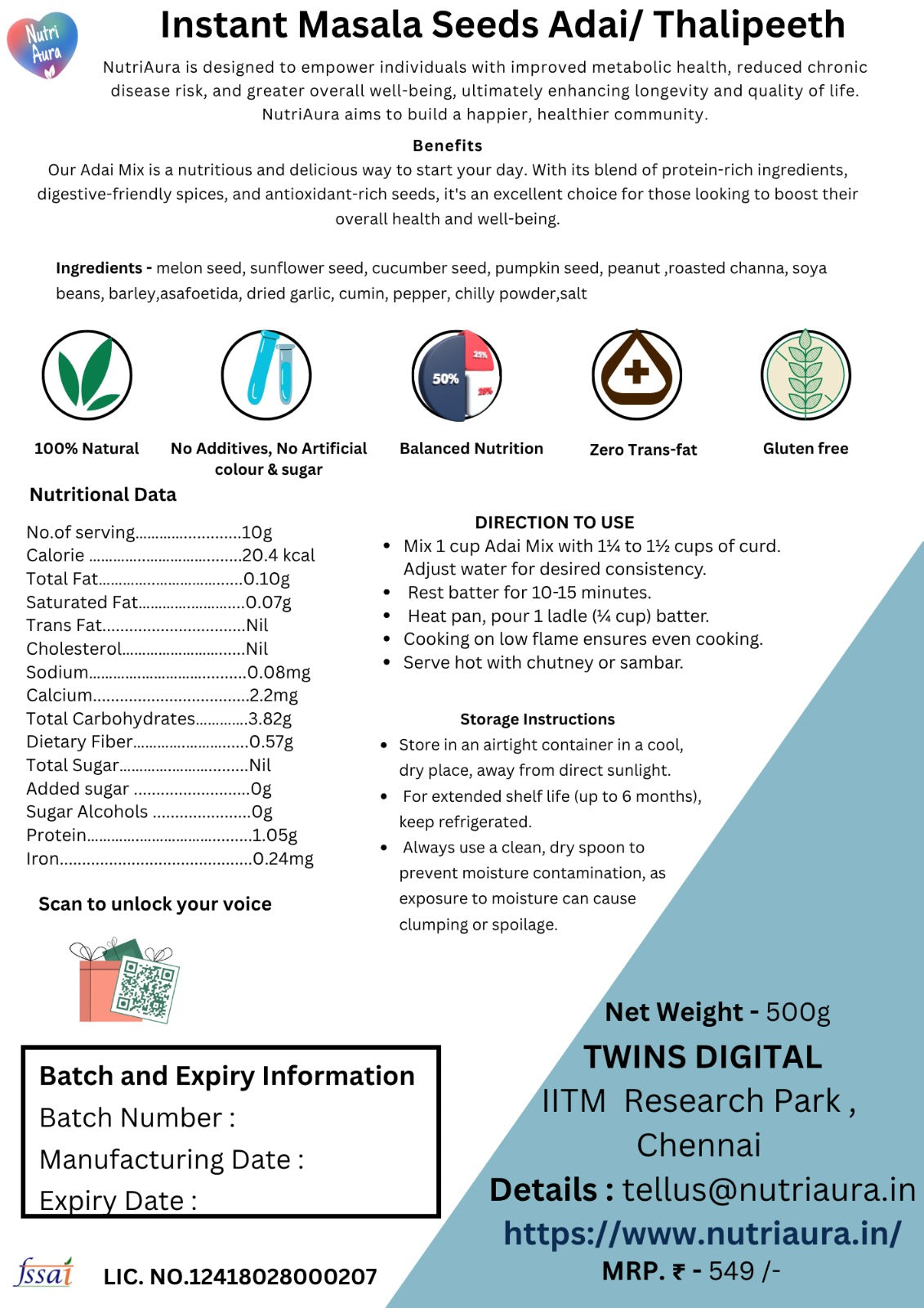 Instant Masala Seeds Adai/ Thalipeeth - NutriAura